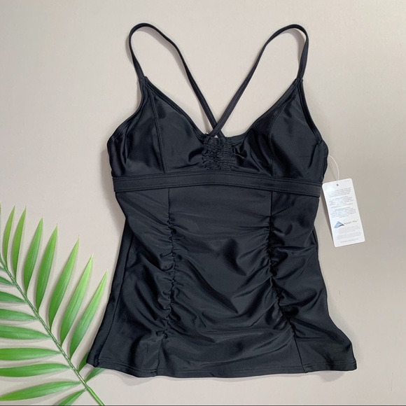 NWT!  ATHLETA smocked black tankini swim top, 32 B/C. - Picture 2 of 6